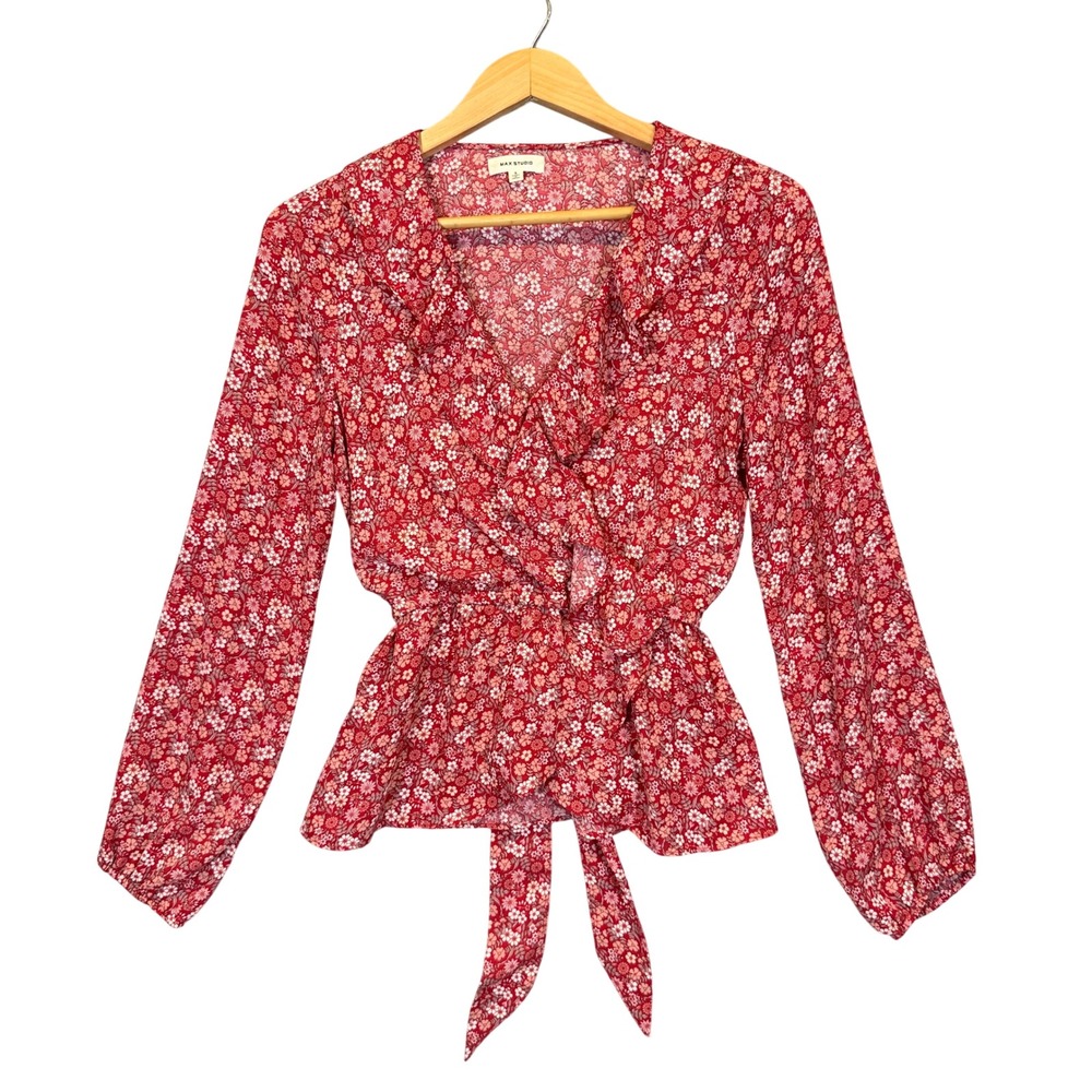 Max Studio Wrap Blouse Small Red Floral Peplum Ruffle Tie Waist Cottagecore